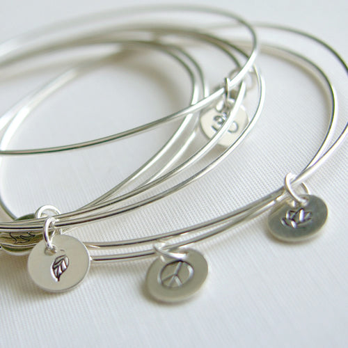 Sterling Silver Bracelets Stamped Charm Set of Three Personalized Stacking Bangles