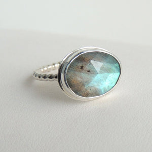 Labradorite Ring Sterling Silver Freeform Rose Cut Gemstone Blue Green Stone Size 7.5
