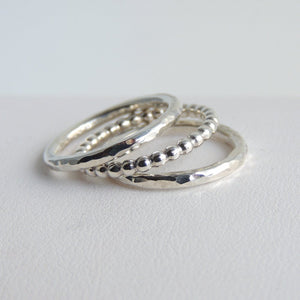 Stacking Bands Sterling Silver Stackable Rings Hammered Beaded Set of Three Simple Bands