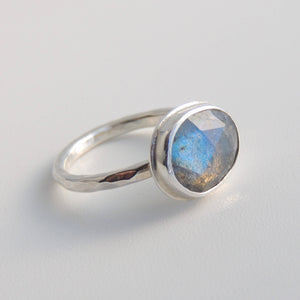 Labradorite Ring Sterling Silver Freeform Rose Cut Gemstone Blue Green Ring Size 7