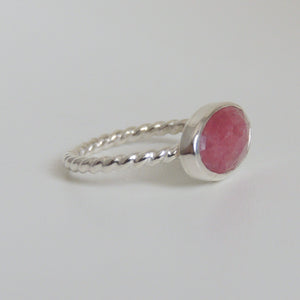 Oval Pink Sapphire Ring Sterling Silver Twist Band Size 6