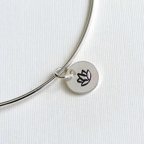 One Sterling Silver Bangle with Lotus Blossom Stamped Charm