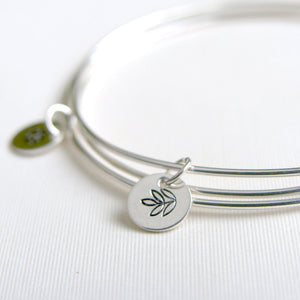 One Sterling Silver Bangle with Multi Leaf Stamped Charm