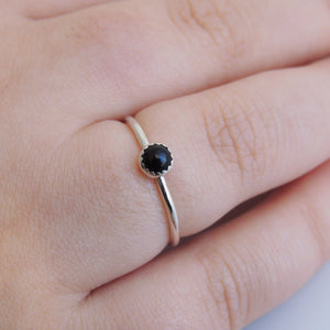 Black Onyx Ring Sterling Silver Serrated Edge Bezel Set Stacking Ring