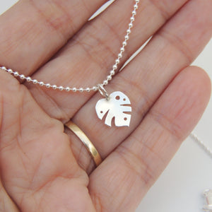 Monstera Leaf Necklace Sterling Silver Ball Chain Brushed or Shiny Finish