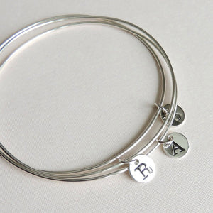 Sterling Silver Bangle with Initial Stamped Charm Letter Personalized Jewellery Bracelet