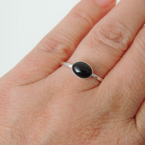 Oval Black Onyx Ring Sterling Silver Stacking Ring Jet Black Stone Ring
